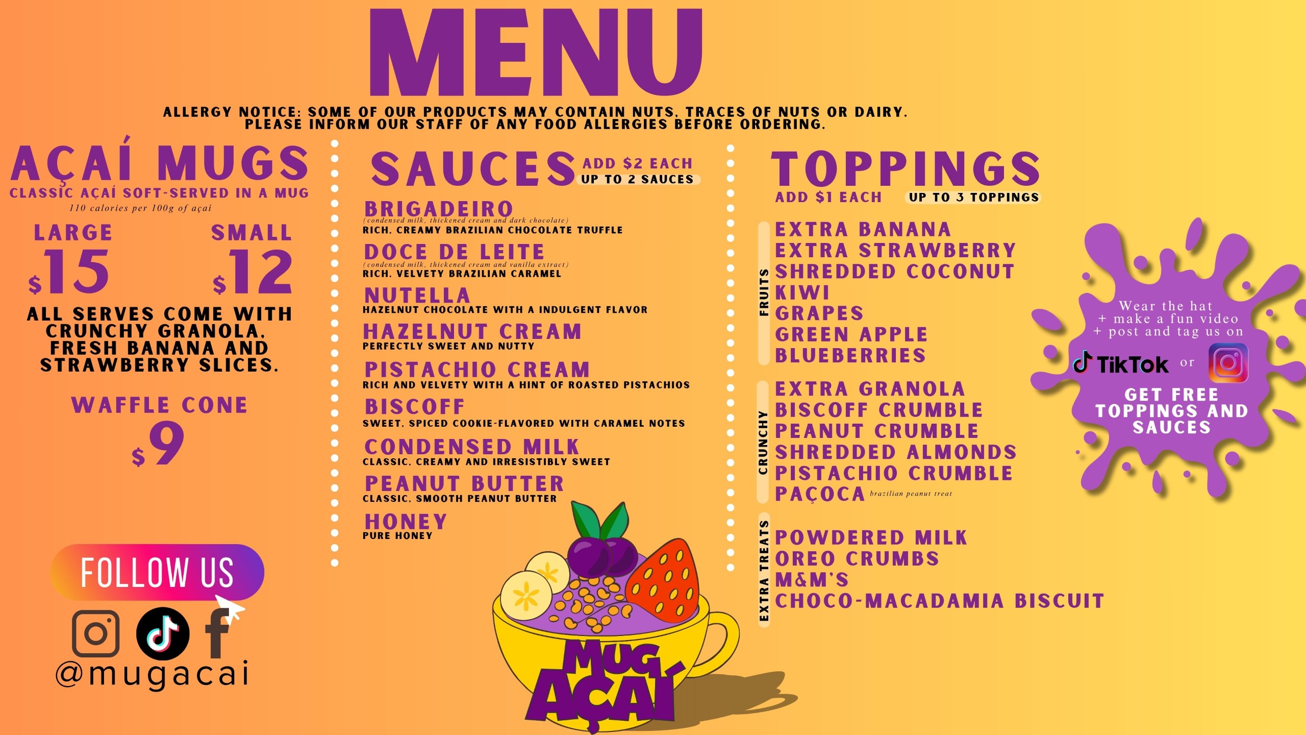 Mug Açaí menu: acai bowls, sauces, toppings and treats