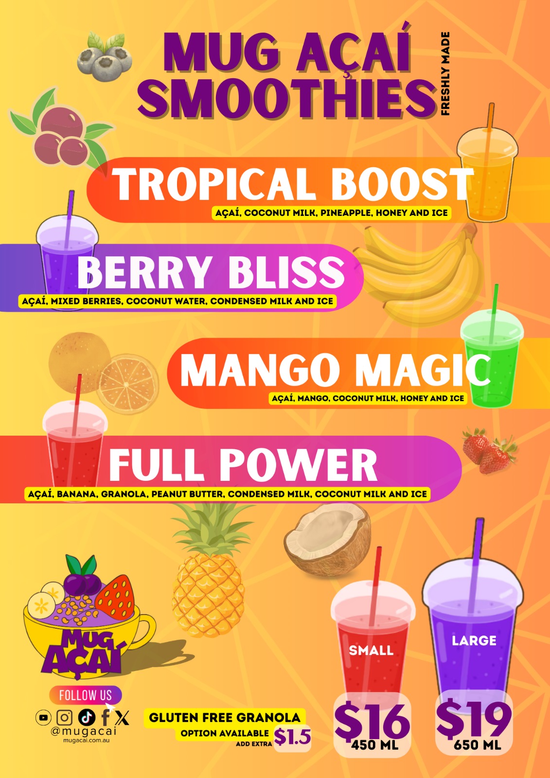 Mug Açaí smoothies menu: Tropical Boost, Berry Bliss, Magic Mango, Full Power